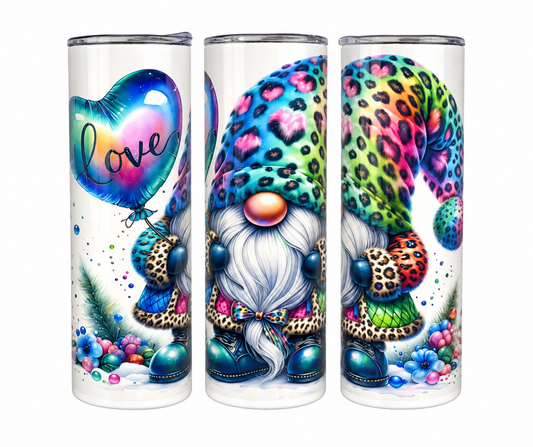 Groovy Love Gnome 20oz skinny tumbler with rainbow leopard print gnome and iridescent Love heart