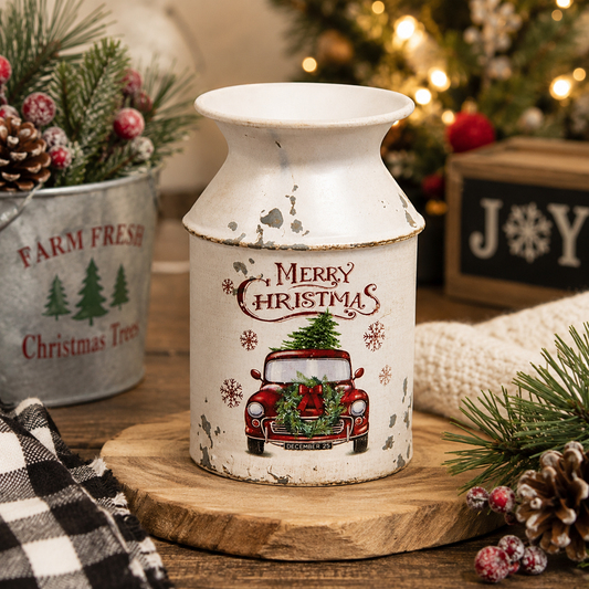 Metal Merry Christmas Truck Milk Can