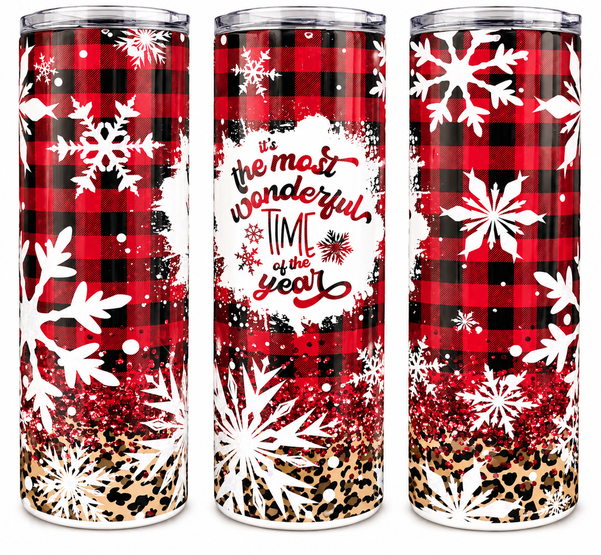 Most Wonderful Time leopard and plaid 20oz Christmas skinny tumbler