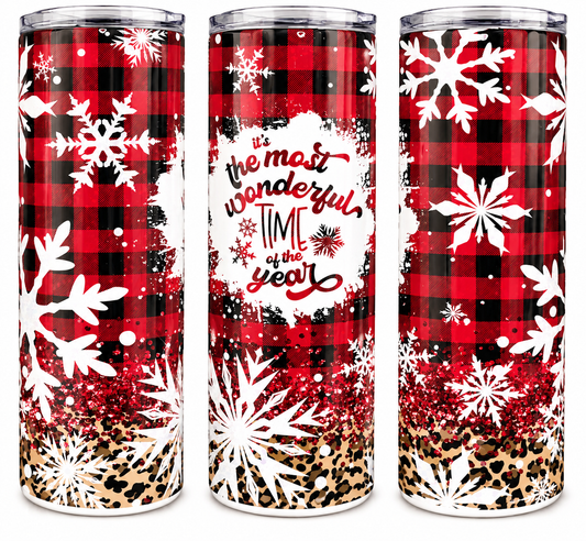 Most Wonderful Time leopard and plaid 20oz Christmas skinny tumbler