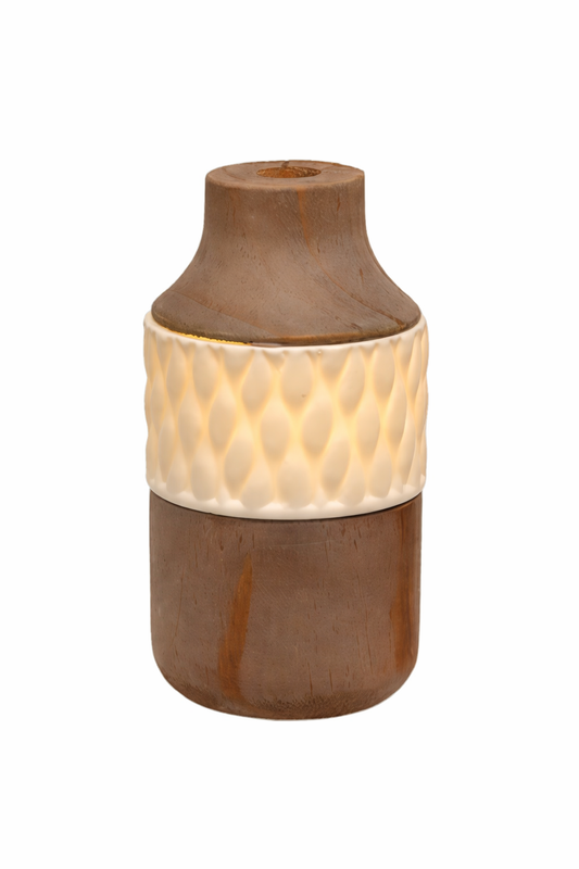 Natural Wood & White Ceramic Lighted Vase