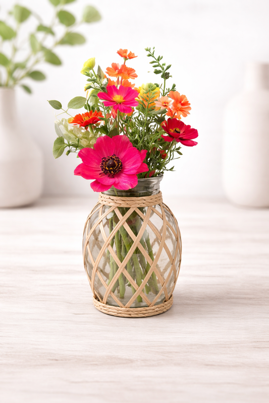Rattan Wrapped Glass Vase