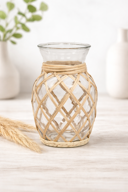 Rattan Wrapped Glass Vase