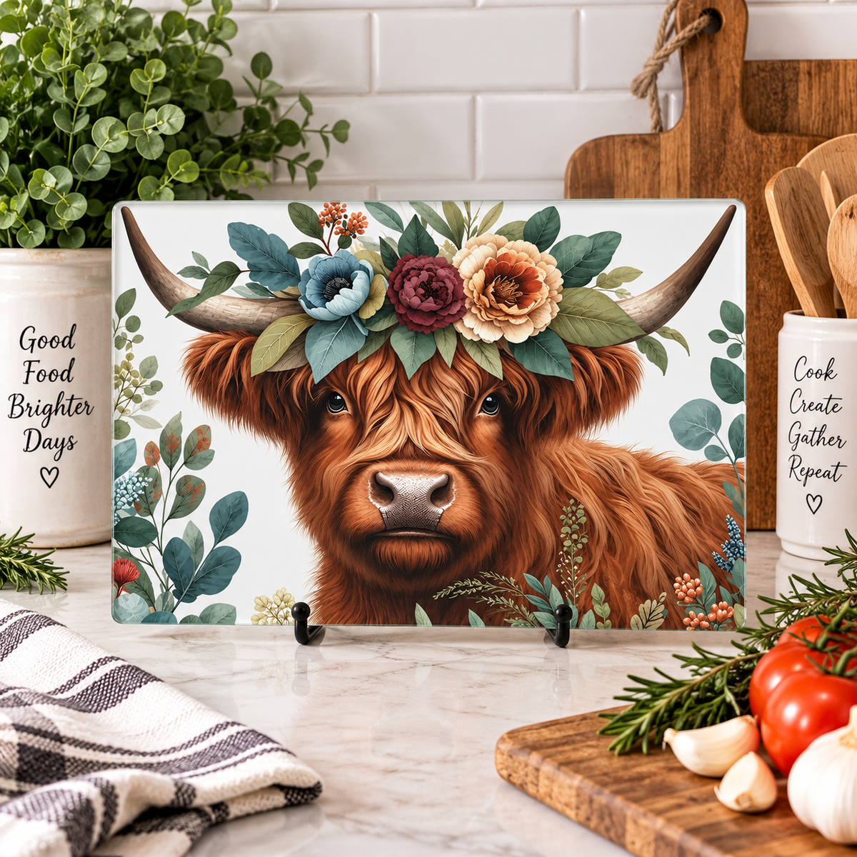 Rustic Bloom Highland Cow Glass Cutting Board