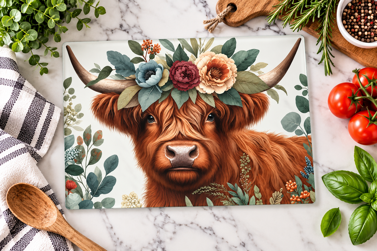 Rustic Bloom Highland Cow Glass Cutting Board
