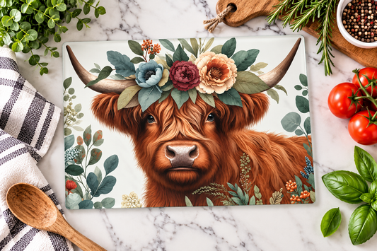Rustic Bloom Highland Cow Glass Cutting Board