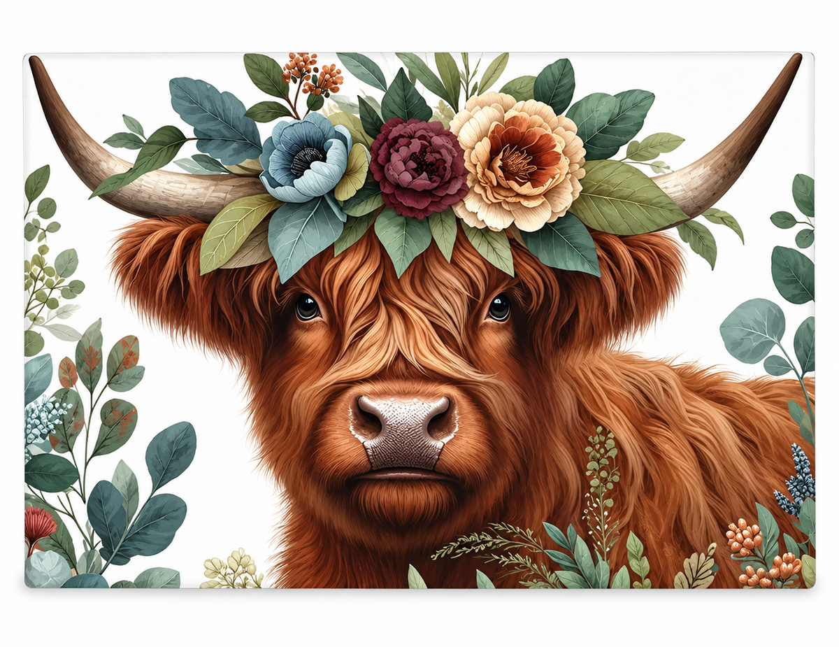 Rustic Bloom Highland Cow Glass Cutting Board