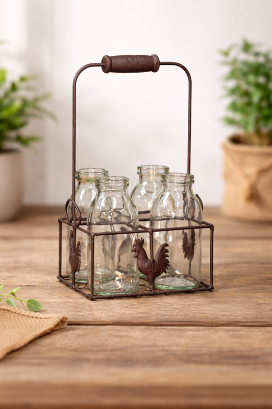 Rustic Rooster Kitchen Basket & Glass Bottle Set