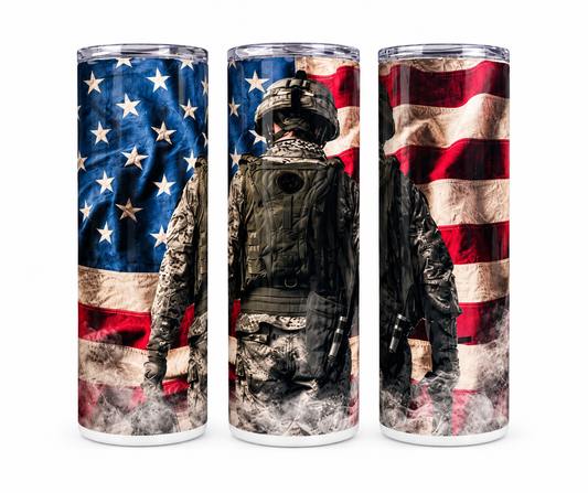 Soldier 20oz skinny tumbler with distressed American flag and military soldier wraparound design