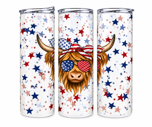 Stars and Stripes Highland Cow 20oz skinny tumbler with patriotic country-inspired artwork