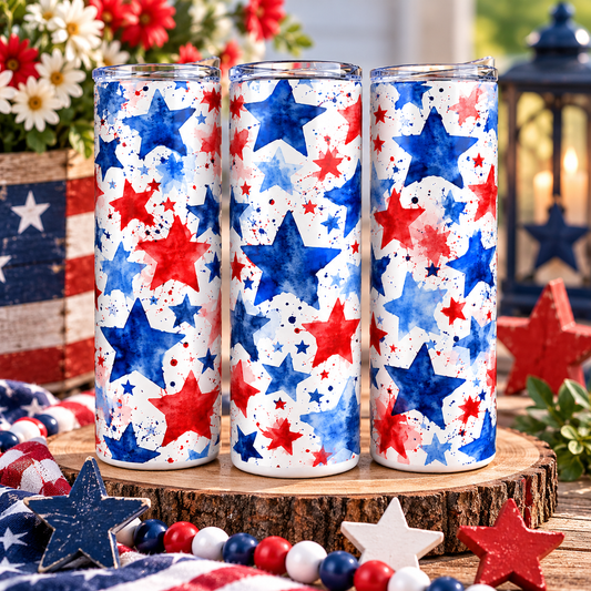 Patriotic skinny tumbler with watercolor stars design for Fourth of July celebrations
