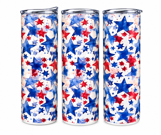 Watercolor Patriotic Stars 20oz skinny tumbler featuring red, white and blue star artwork