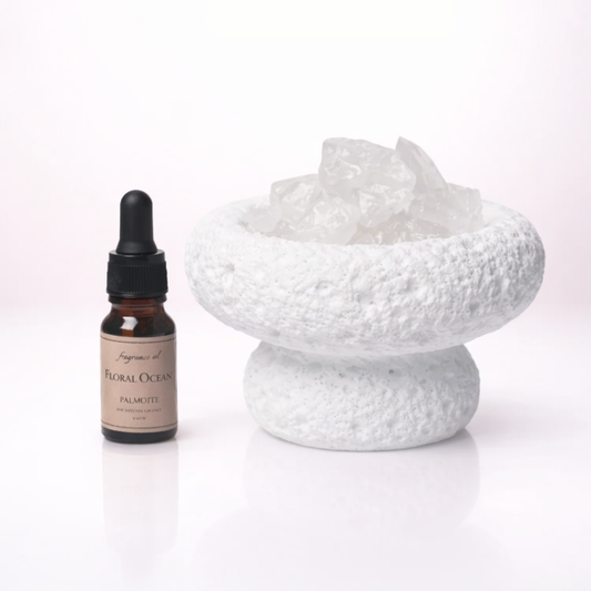 White moon aromatherapy diffuser with Snow Quartz crystals and Floral Ocean fragrance oil
